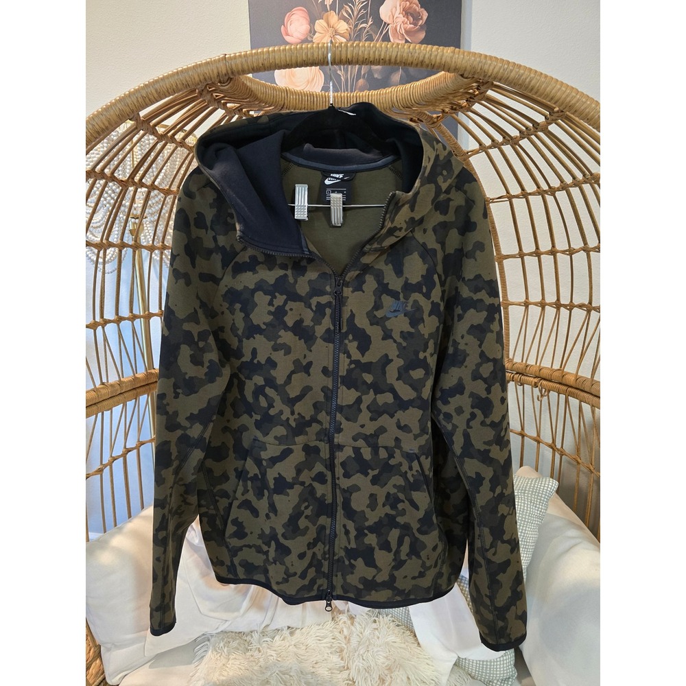 Nike Tech Fleece Full Zip Camo Hoodie Olive Green Black Mens L